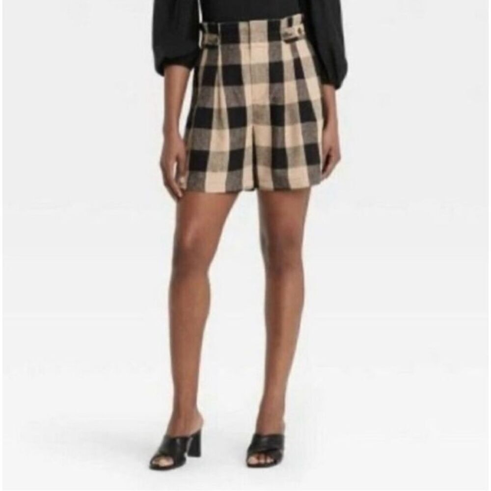 Womens Who What Wear Black Checker Print Paperbag Linen City Chic Shorts Sz 10